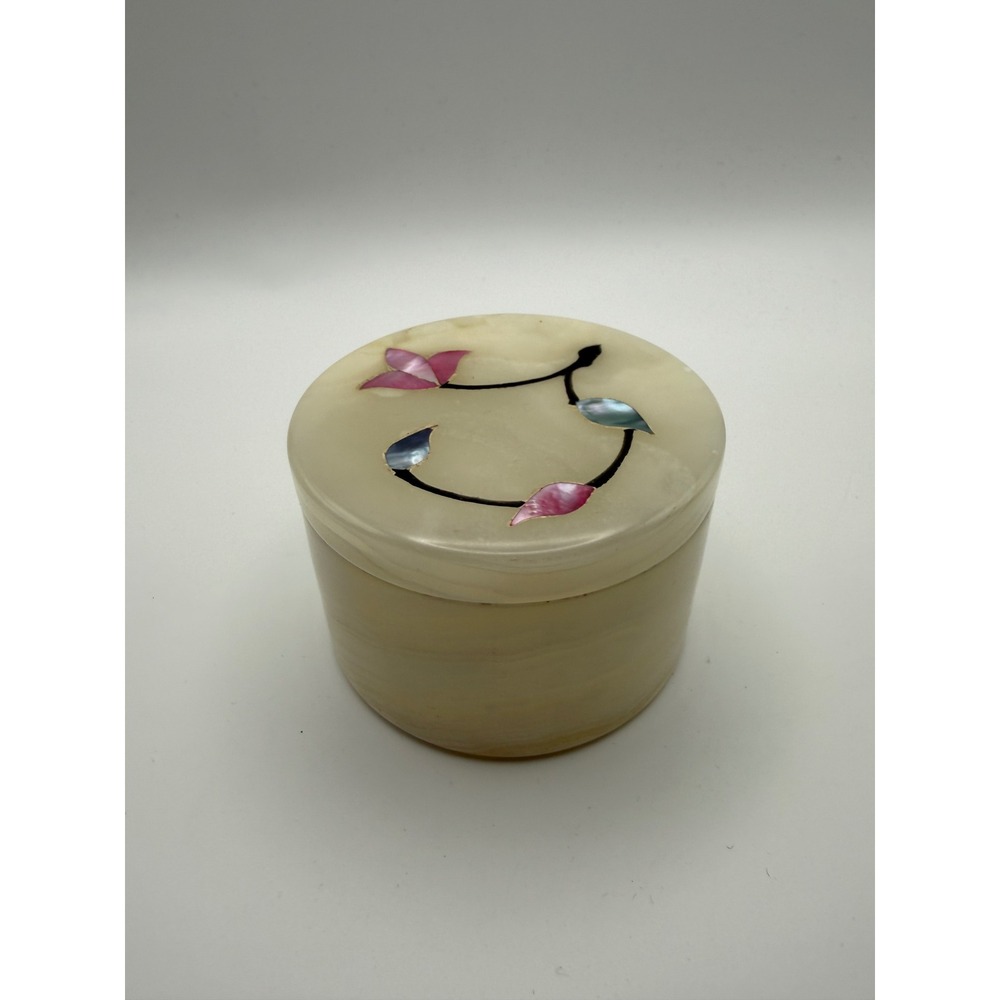 VTG Alabaster Inlay Floral Trinket Jewelry Box Cream Small White